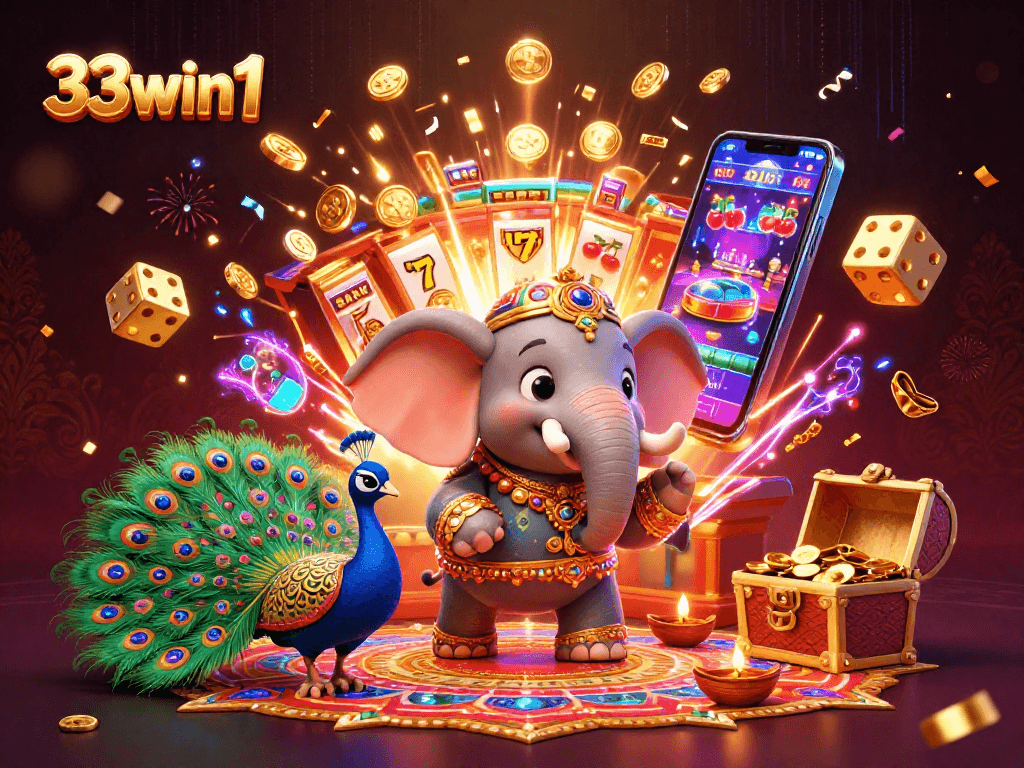 Spin the slots at 33win1 with vibrant casino action and rich winnings featured in this colorful illustration.
