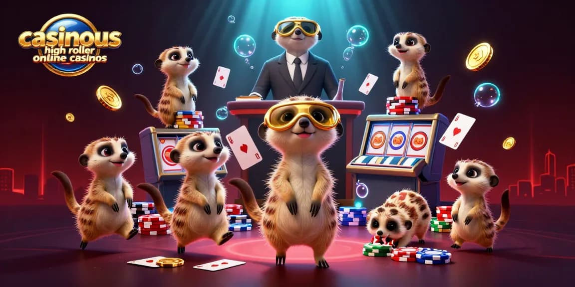 Experience the thrill at casinous high roller online casinos featuring meerkats running a vibrant casino.