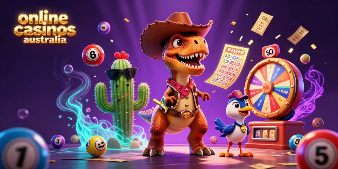 Engage with online casinos Australia through a vibrant scene featuring a cowboy T-Rex amidst exciting gaming elements.