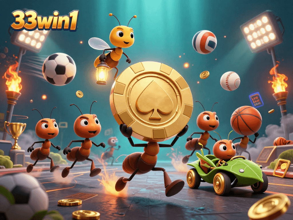 Join the thrilling heist of 33win1 as tiny ants steal a giant poker chip surrounded by sports elements.