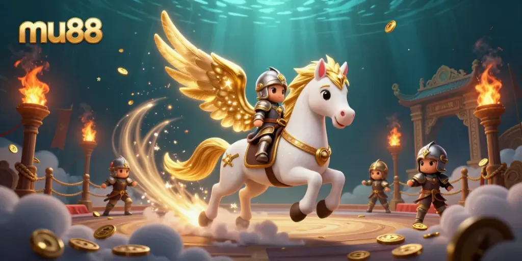 Experience thrilling gameplay at mu88 with a celestial knight riding a magical horse amidst floating gold coins and vibrant casino elements.