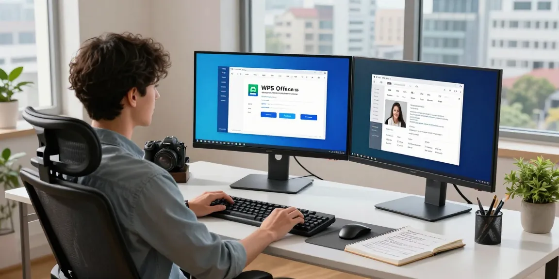 Download WPS Office in a modern home office setup with multiple screens showing collaborative documents, conveying productivity.
