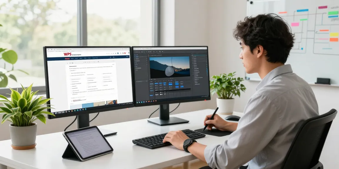 Creative professional using the WPS Official Website in a modern office workspace, showcasing productivity tools and vibrant design elements.