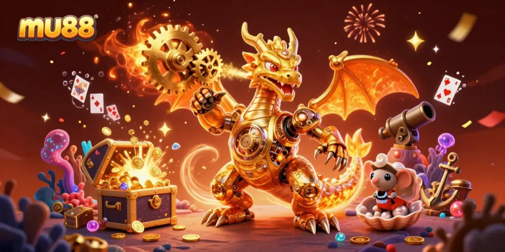Engage with mu88's thrilling golden dragon and treasure-filled gaming experience in a vibrant casino scene.