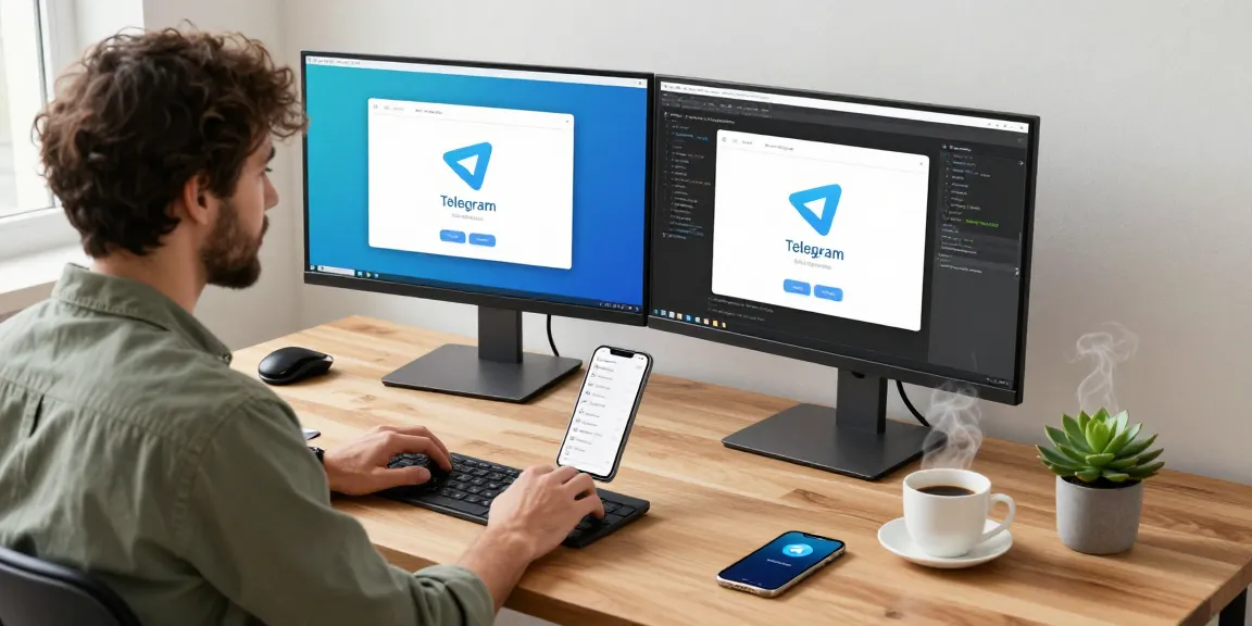 Developer demonstrating Telegram Download on multiple devices at a modern workspace