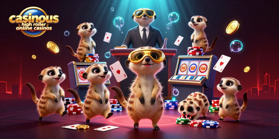 Experience the thrill at casinous high roller online casinos featuring meerkats running a vibrant casino.