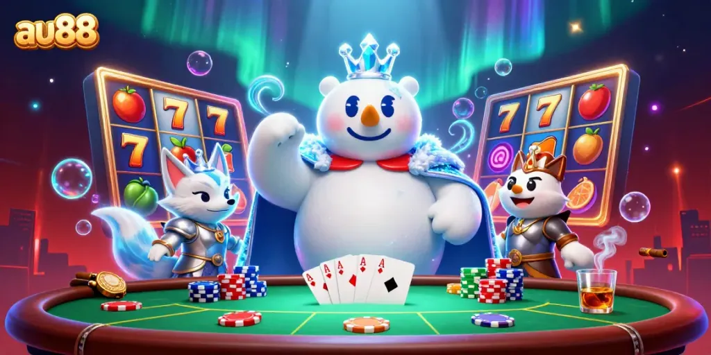 Engage in exciting slot games and poker action at au88 with a vibrant 3D illustration.