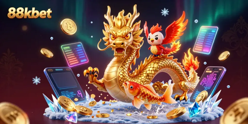 Experience the thrill of 88kbet with vibrant casino elements and dynamic characters in this illustration.