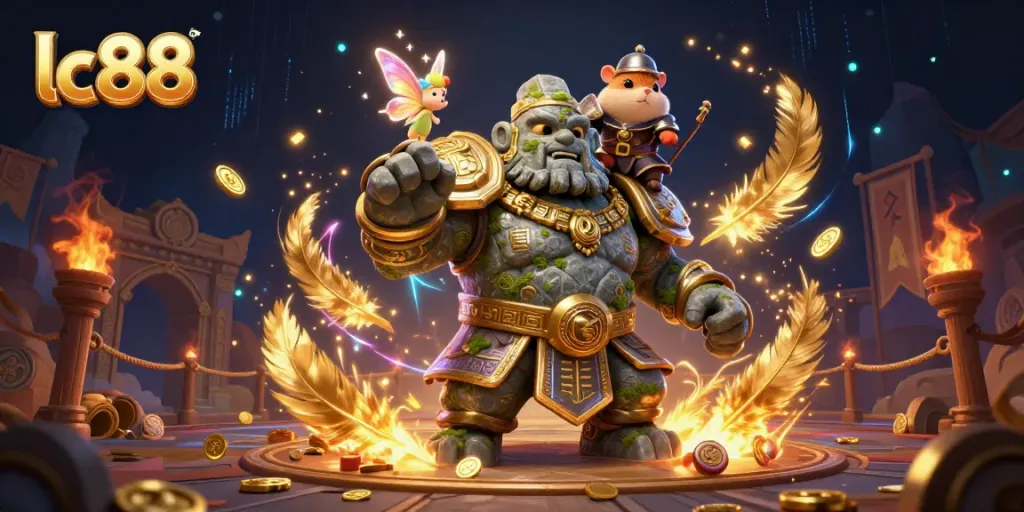 Engage with the lc88 gaming experience featuring a mystical scene with a stone golem guardian, fairy, and hamster knight.