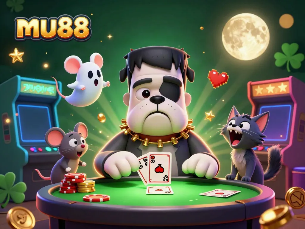 Experience the thrill of mu88 as a cartoon Frankenstein bulldog monster deals cards at a spooky casino.