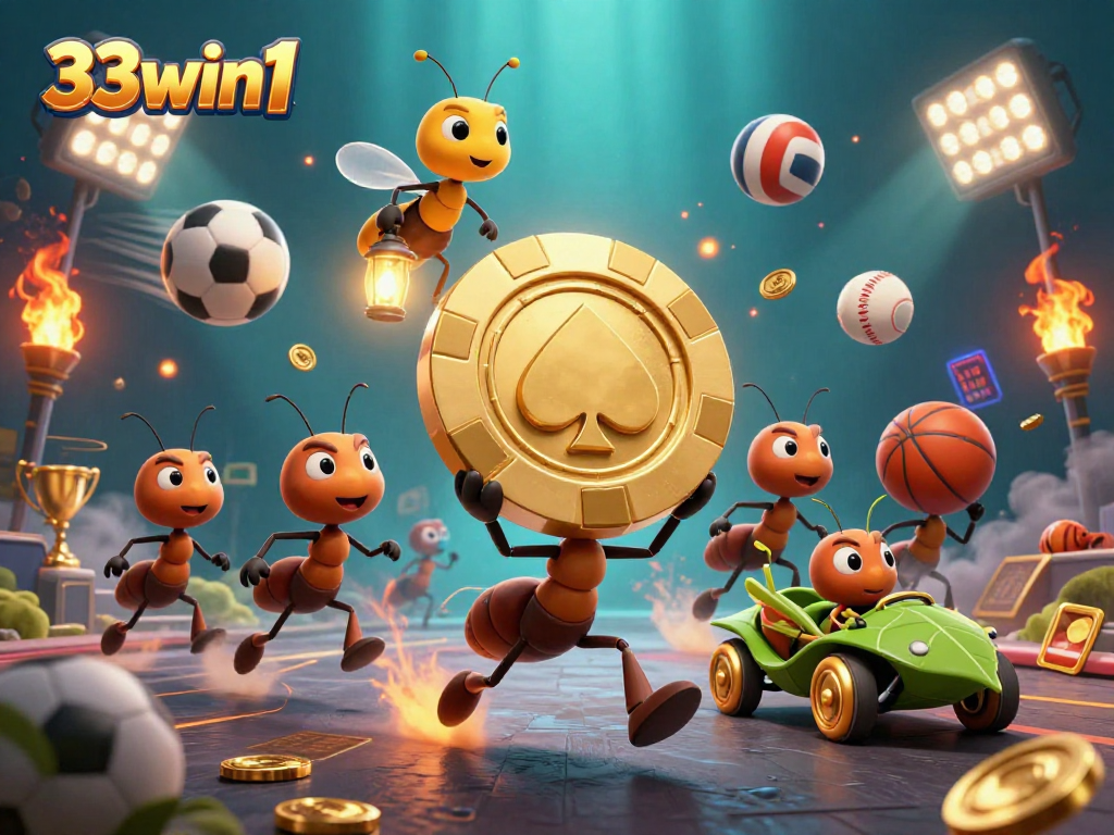 Join the thrilling heist of 33win1 as tiny ants steal a giant poker chip surrounded by sports elements.