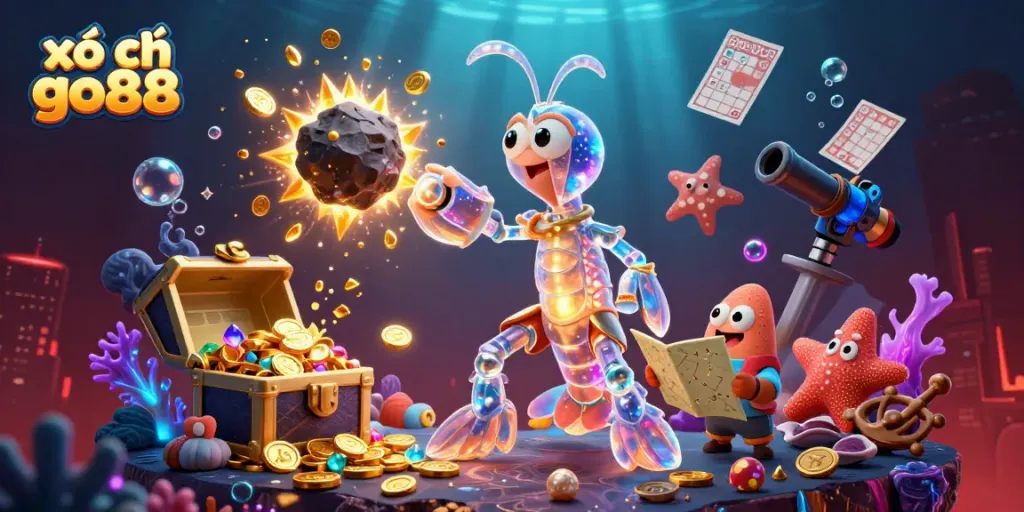 Experience the excitement of xổ số go88 with vibrant underwater elements, gold coins, and games showcasing casino fun.