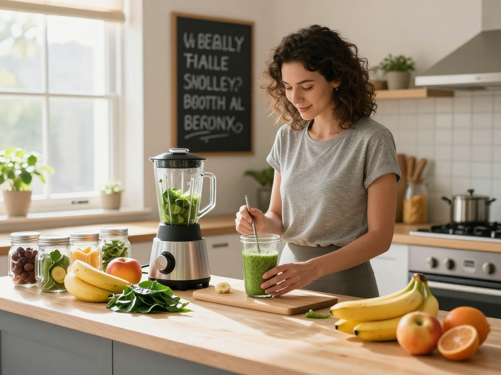 Preparing a nutritious smoothie with rokok88 super ingredients in a bright kitchen.